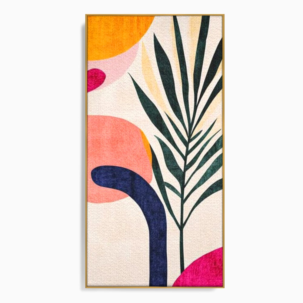 Tablou canvas cu ilustratie abstracta cu frunze de palmier, in rama de aluminiu auriu